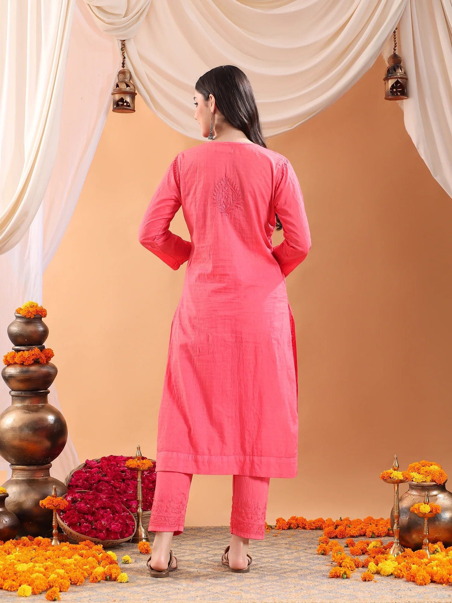 Ananya Chikankari Kurta Pant Cotton Co-ord Set (Coral) - Image 9