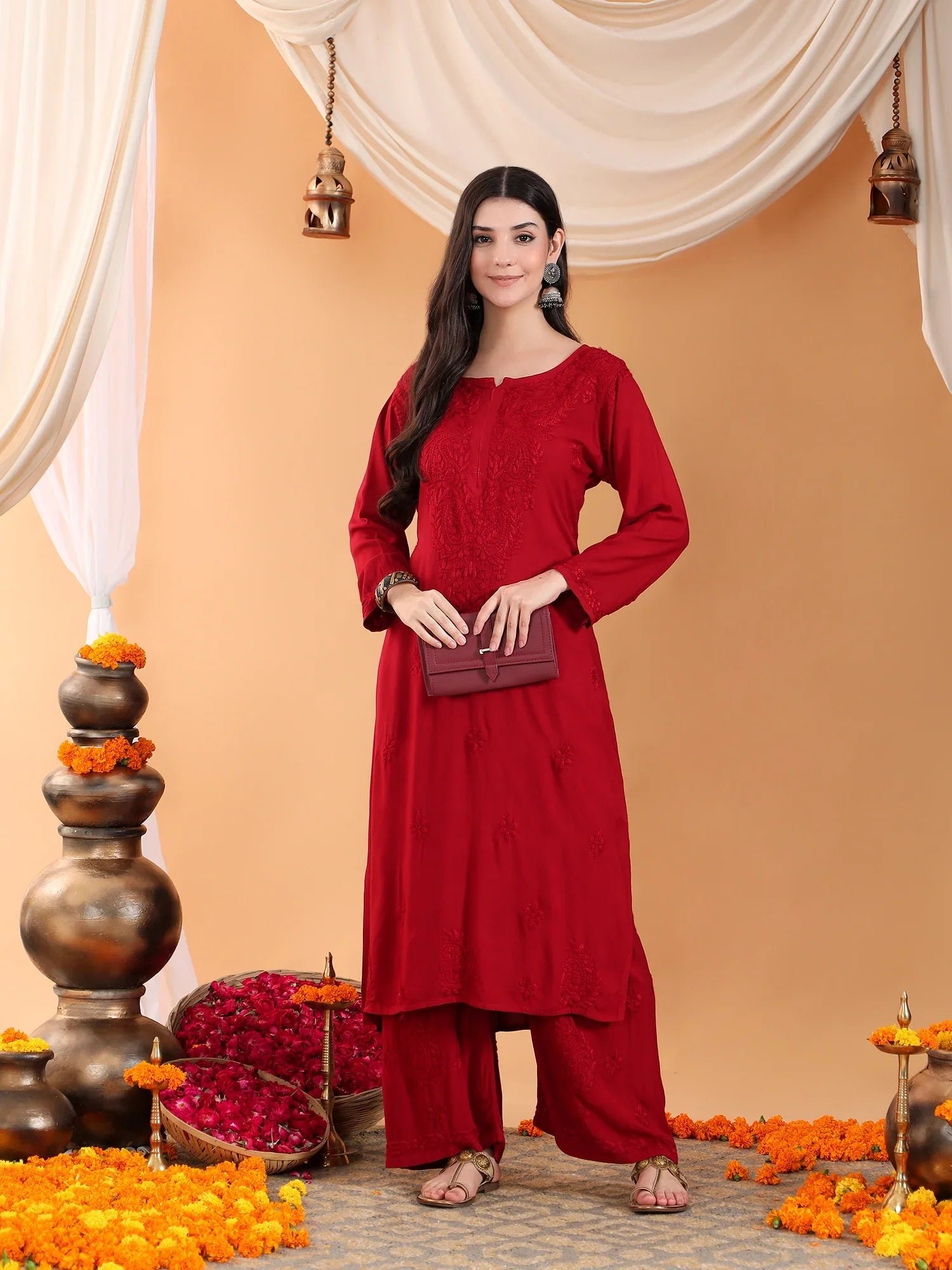 Maryam Chikankari Rayon Co-ord Set (Maroon) - Image 8