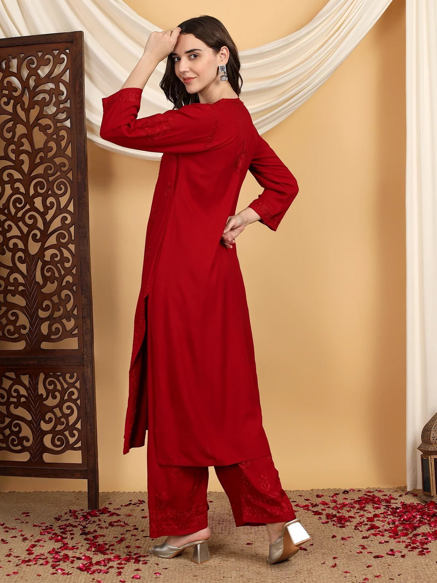 Faiza Chikankari Rayon Co-ord Set (Maroon) - Image 6