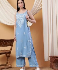 Raha Chikankari Strappy Rayon Co-ord Set (Powder Blue)