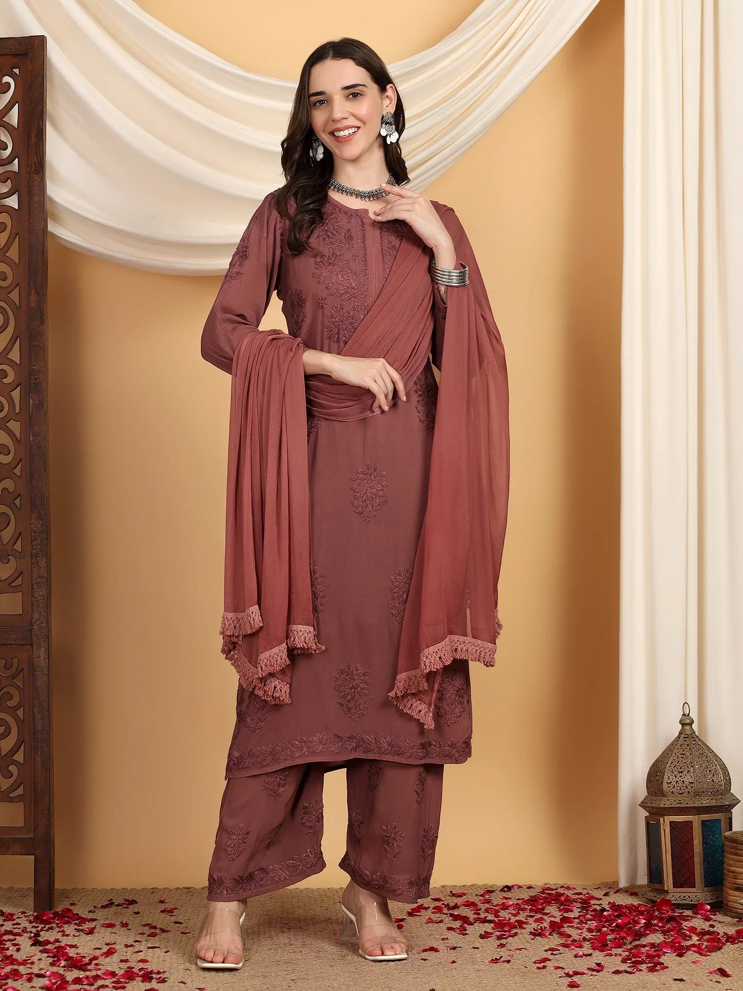 Farha Chikankari Premium Modal Co-ord Set (Brown) - Image 4