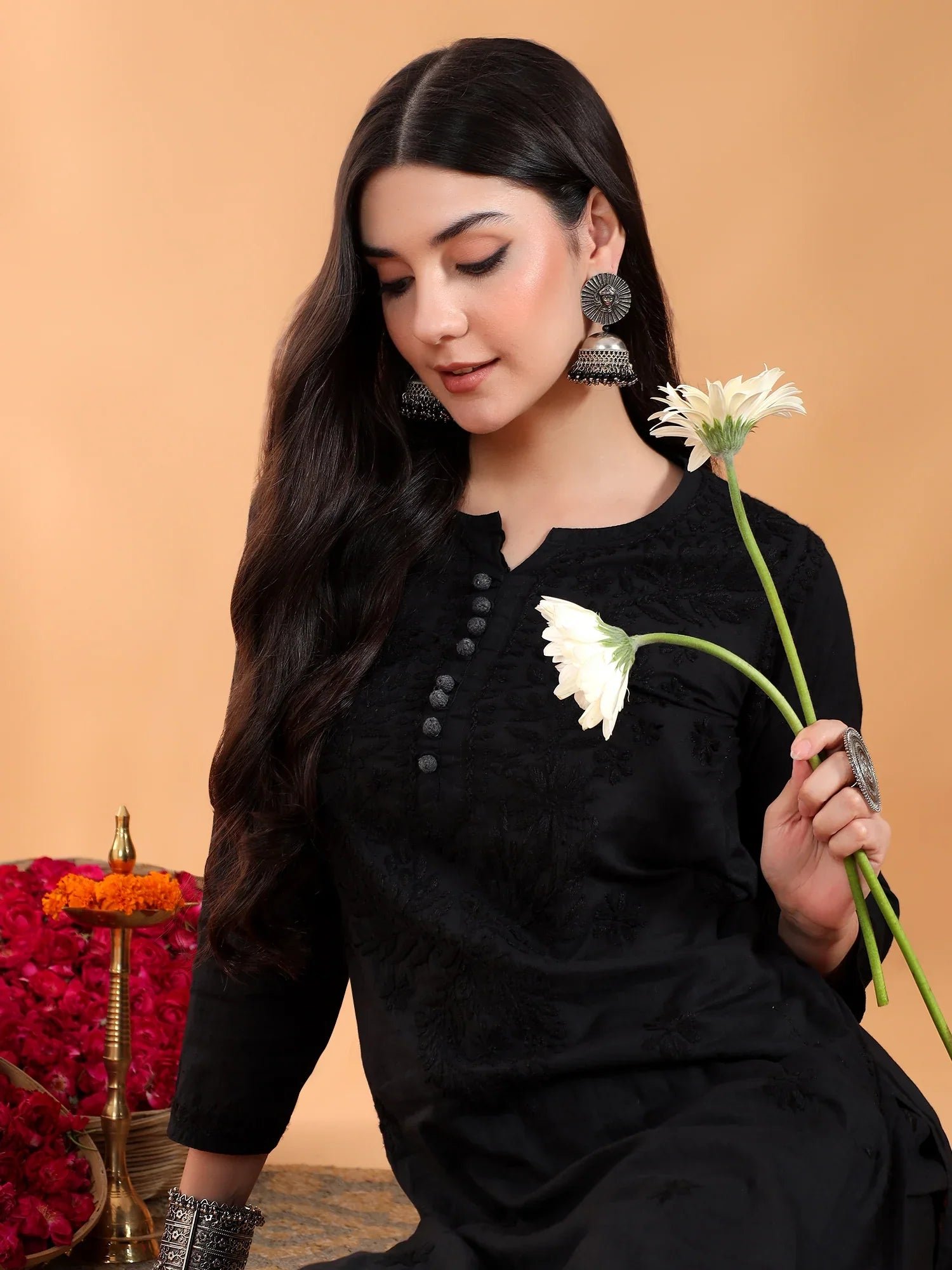 Priya Chikankari Kurta Palazzo Cotton Co-ord Set (Black) - Image 2