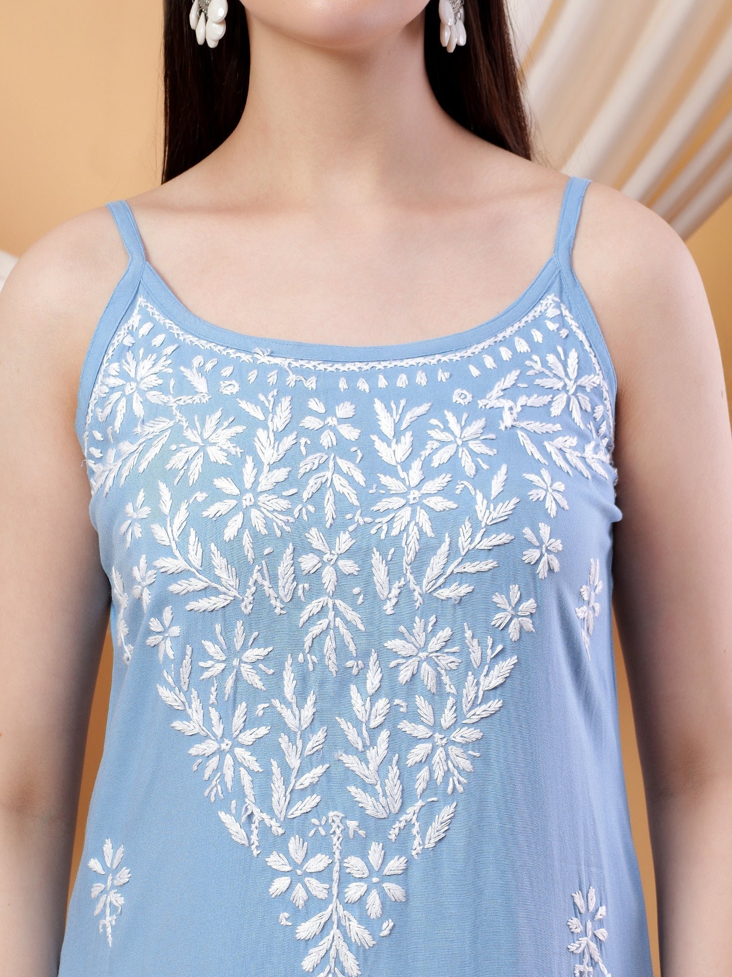 Raha Chikankari Strappy Rayon Co-ord Set (Powder Blue) - Image 2