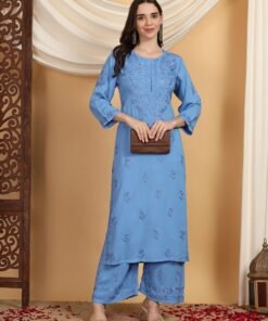 Faiza Chikankari Rayon Co-ord Set (Powder Blue)