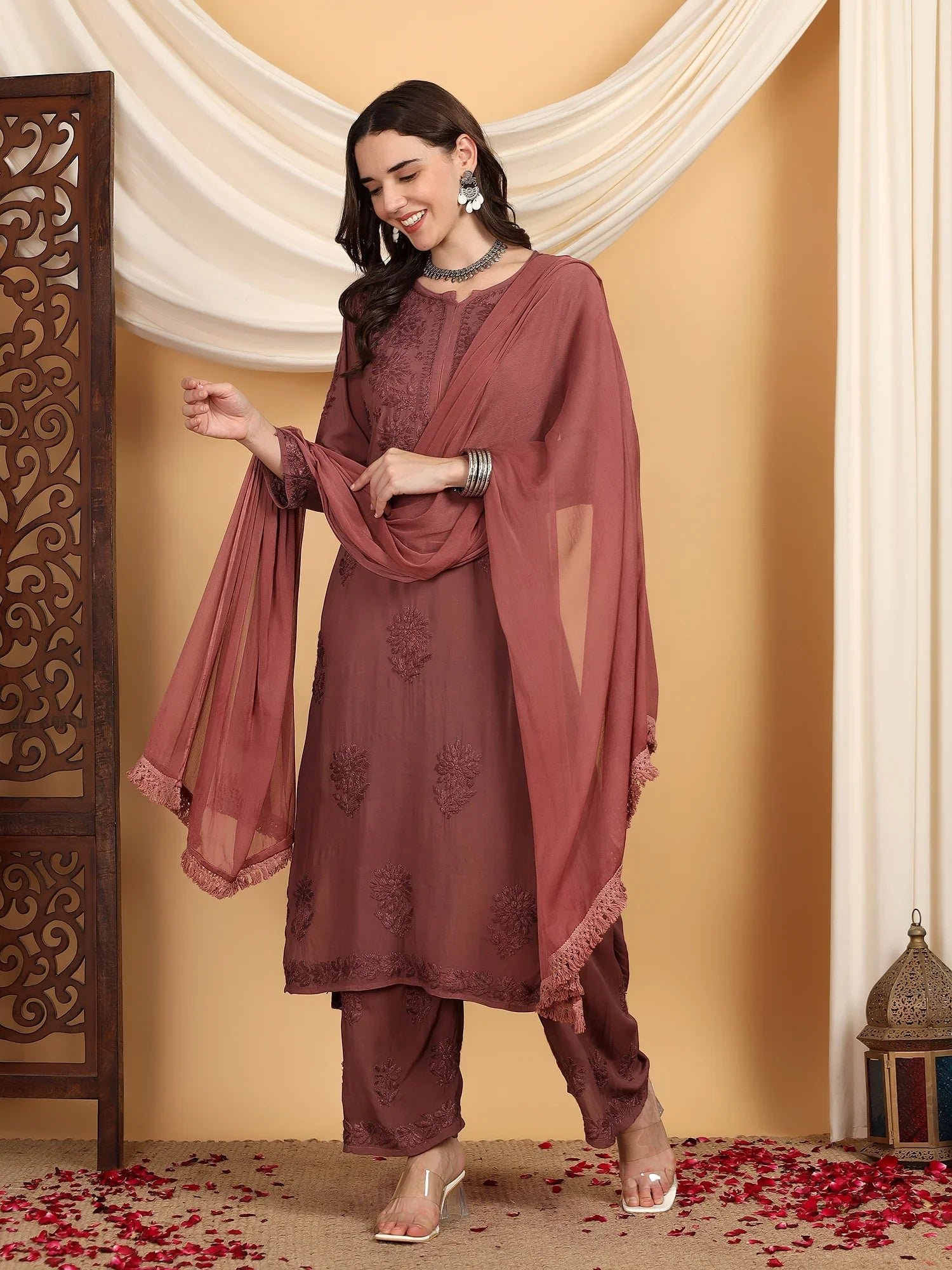 Farha Chikankari Premium Modal Co-ord Set (Brown) - Image 5