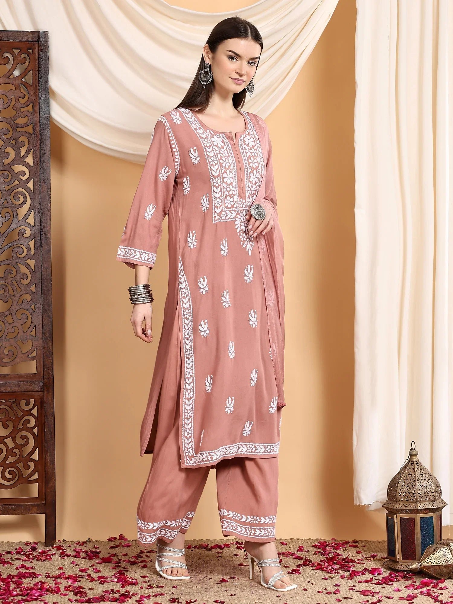 Haya Chikankari Rayon Co-ord Set (Nude Coral) - Image 4