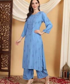 Alternative view of Faiza Chikankari Rayon Co-ord Set (Powder Blue)