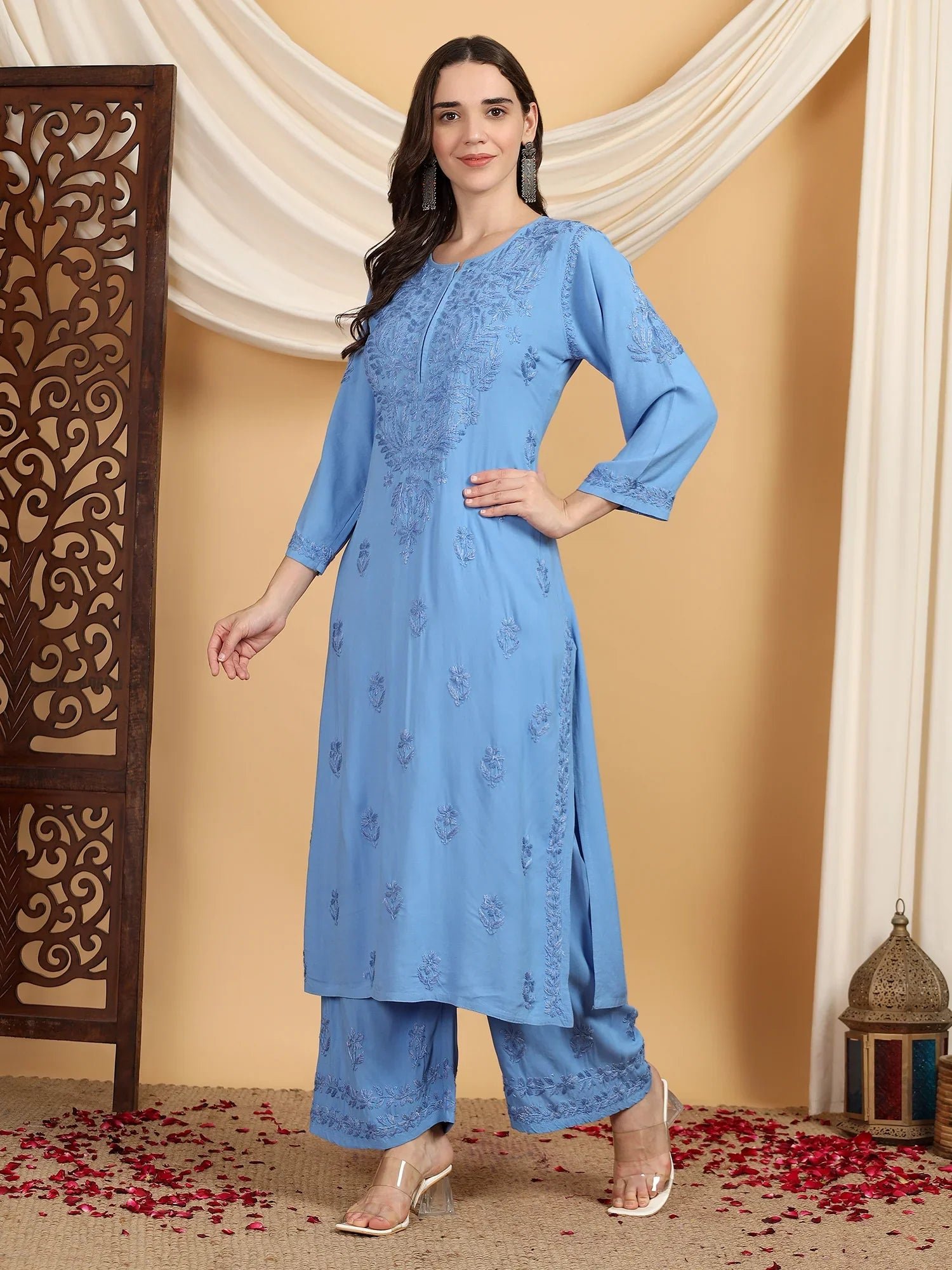 Faiza Chikankari Rayon Co-ord Set (Powder Blue) - Image 2