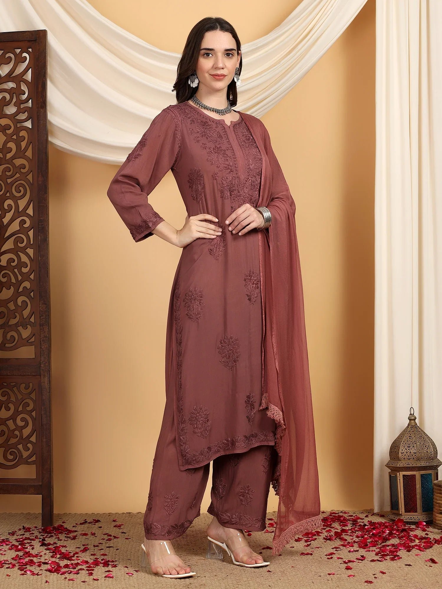 Farha Chikankari Premium Modal Co-ord Set (Brown) - Image 6