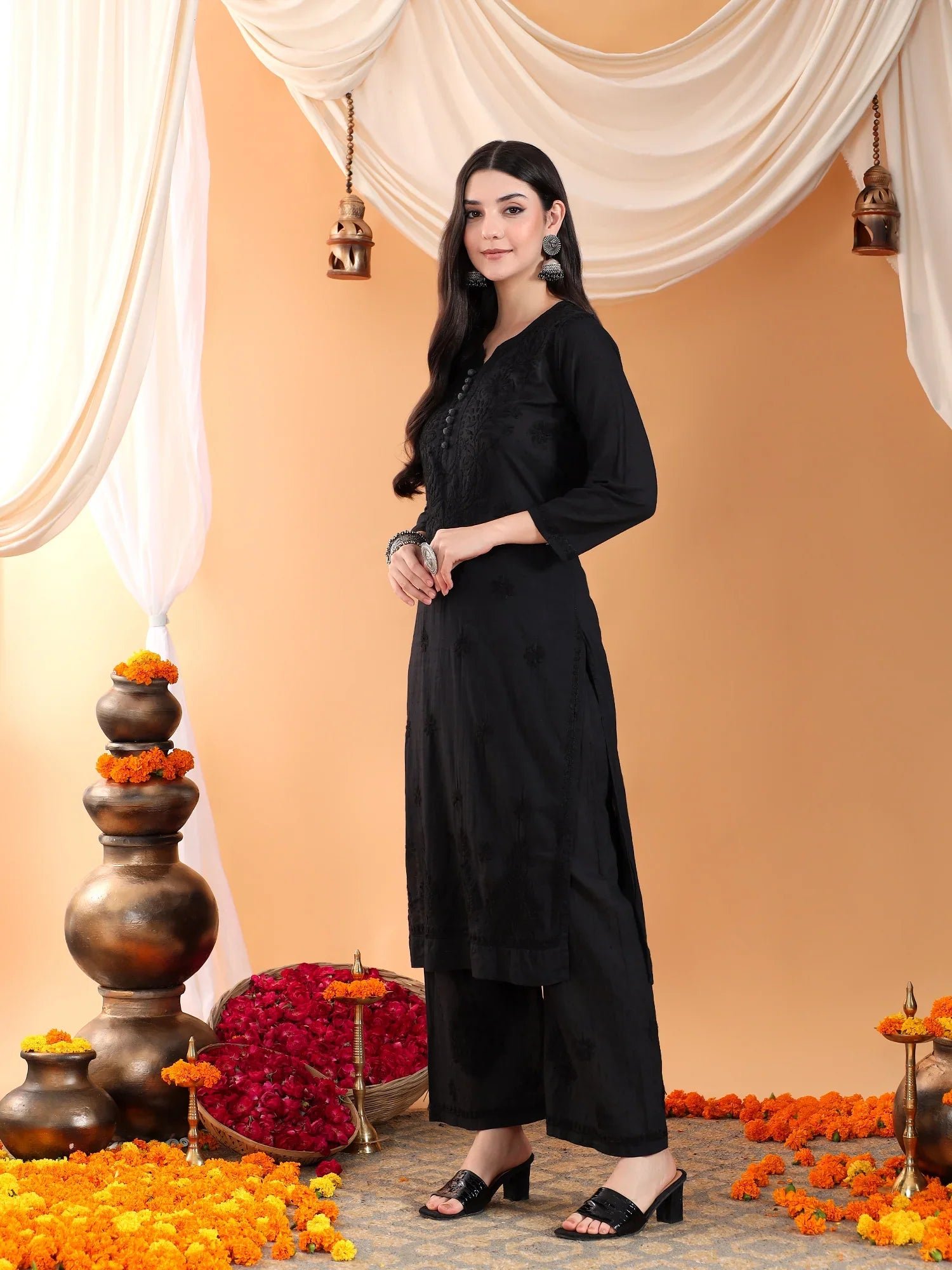 Priya Chikankari Kurta Palazzo Cotton Co-ord Set (Black) - Image 3