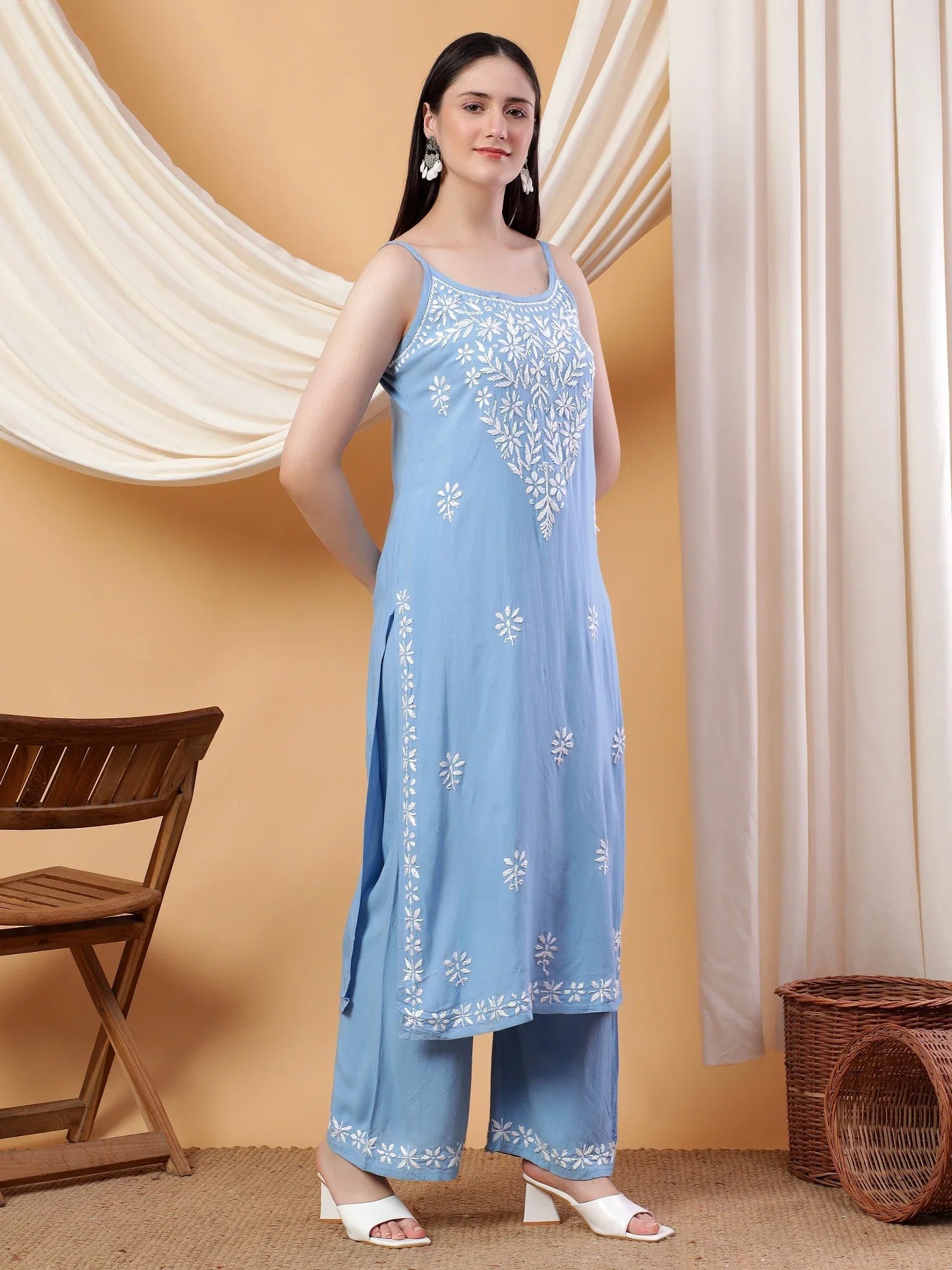 Raha Chikankari Strappy Rayon Co-ord Set (Powder Blue) - Image 3