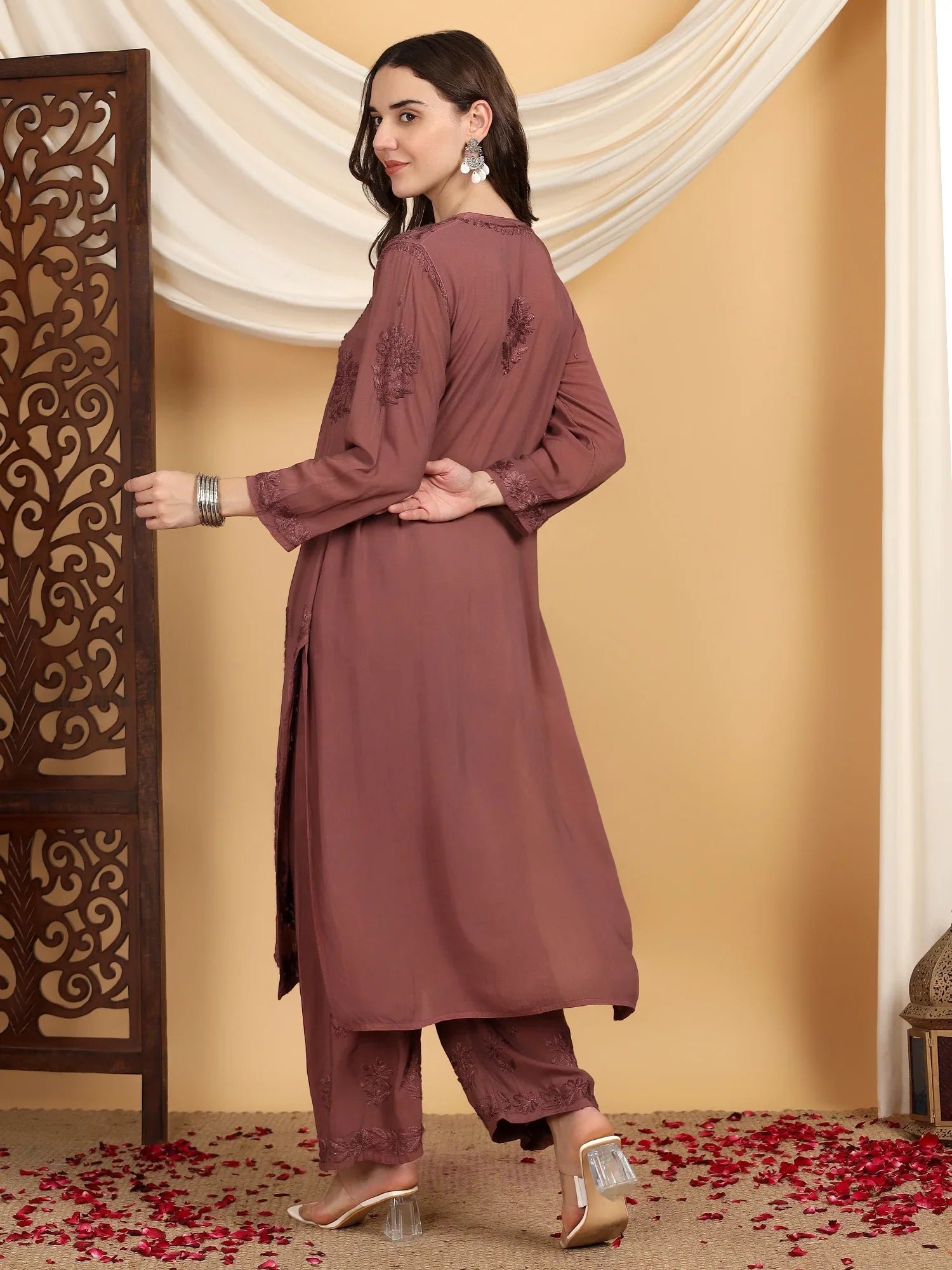 Farha Chikankari Premium Modal Co-ord Set (Brown) - Image 7