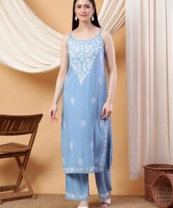 Raha Chikankari Strappy Rayon Co-ord Set (Powder Blue) - Image 4