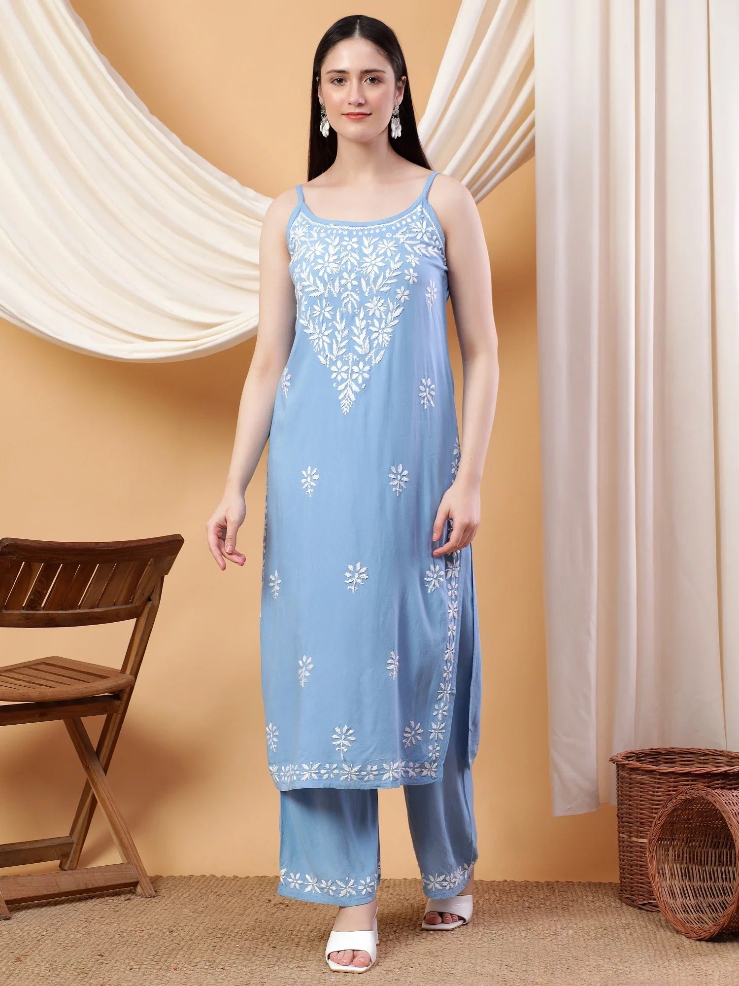 Raha Chikankari Strappy Rayon Co-ord Set (Powder Blue) - Image 4