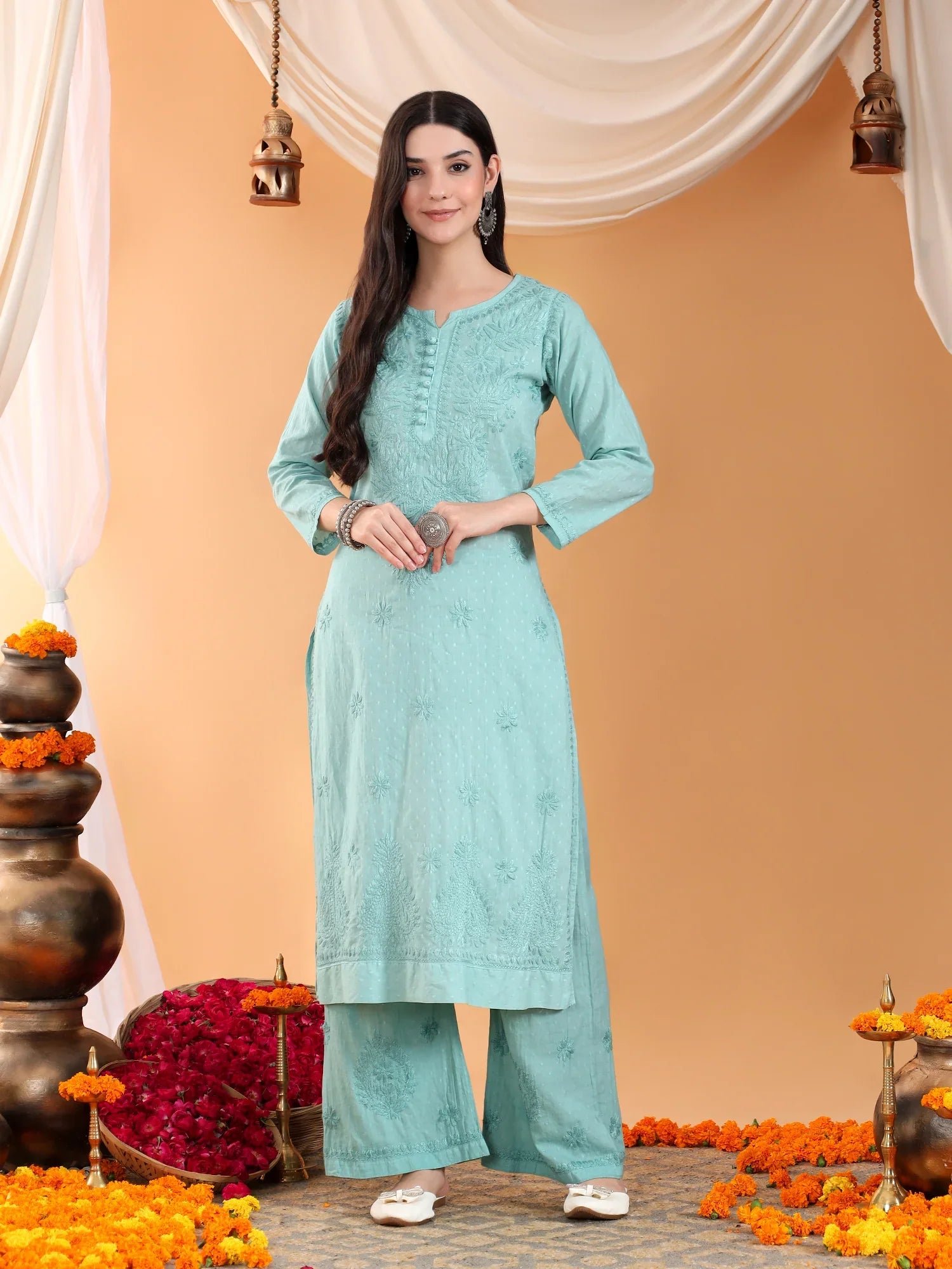 Priya Chikankari Kurta Palazzo Cotton Co-ord Set (Pastel Green) - Image 3