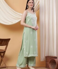 Raha Chikankari Strappy Rayon Co-ord Set (Pastel Green) - Image 3