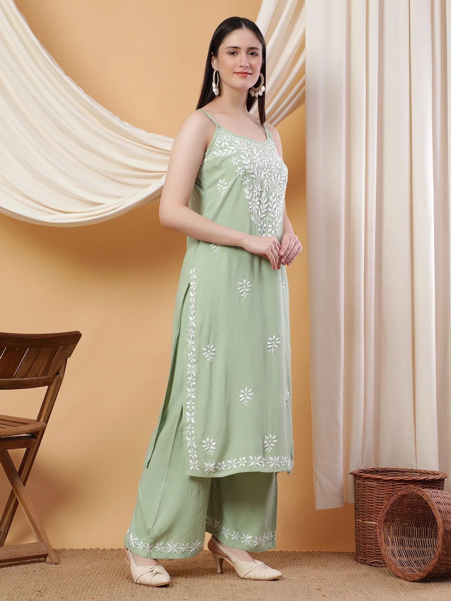 Raha Chikankari Strappy Rayon Co-ord Set (Pastel Green) - Image 3