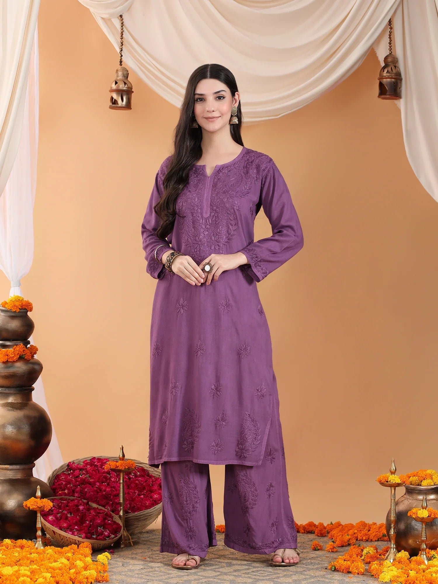 Maryam Chikankari Rayon Co-ord Set (Mauve) - Image 3