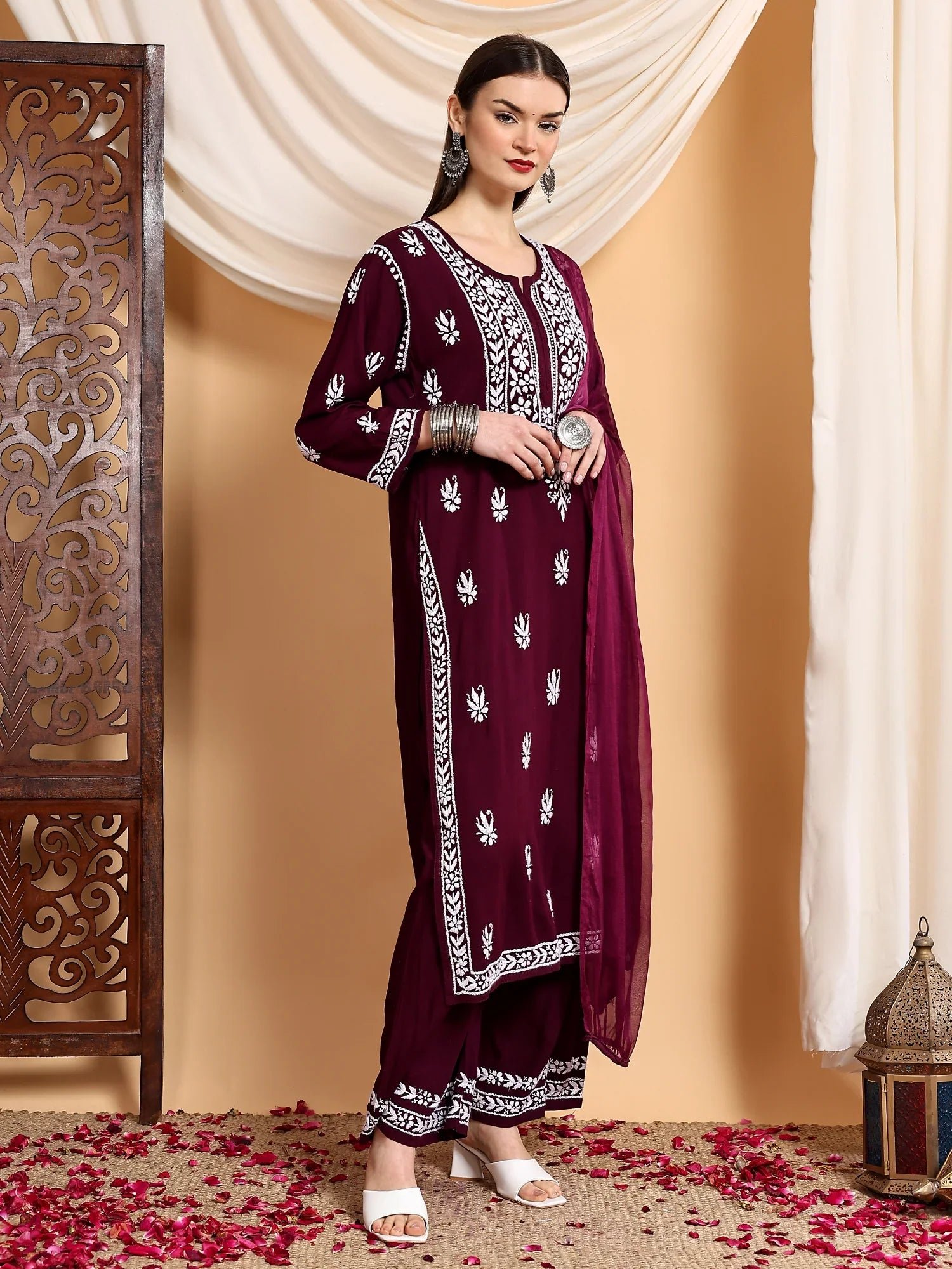 Haya Chikankari Rayon Co-ord Set (Wine) - Image 3