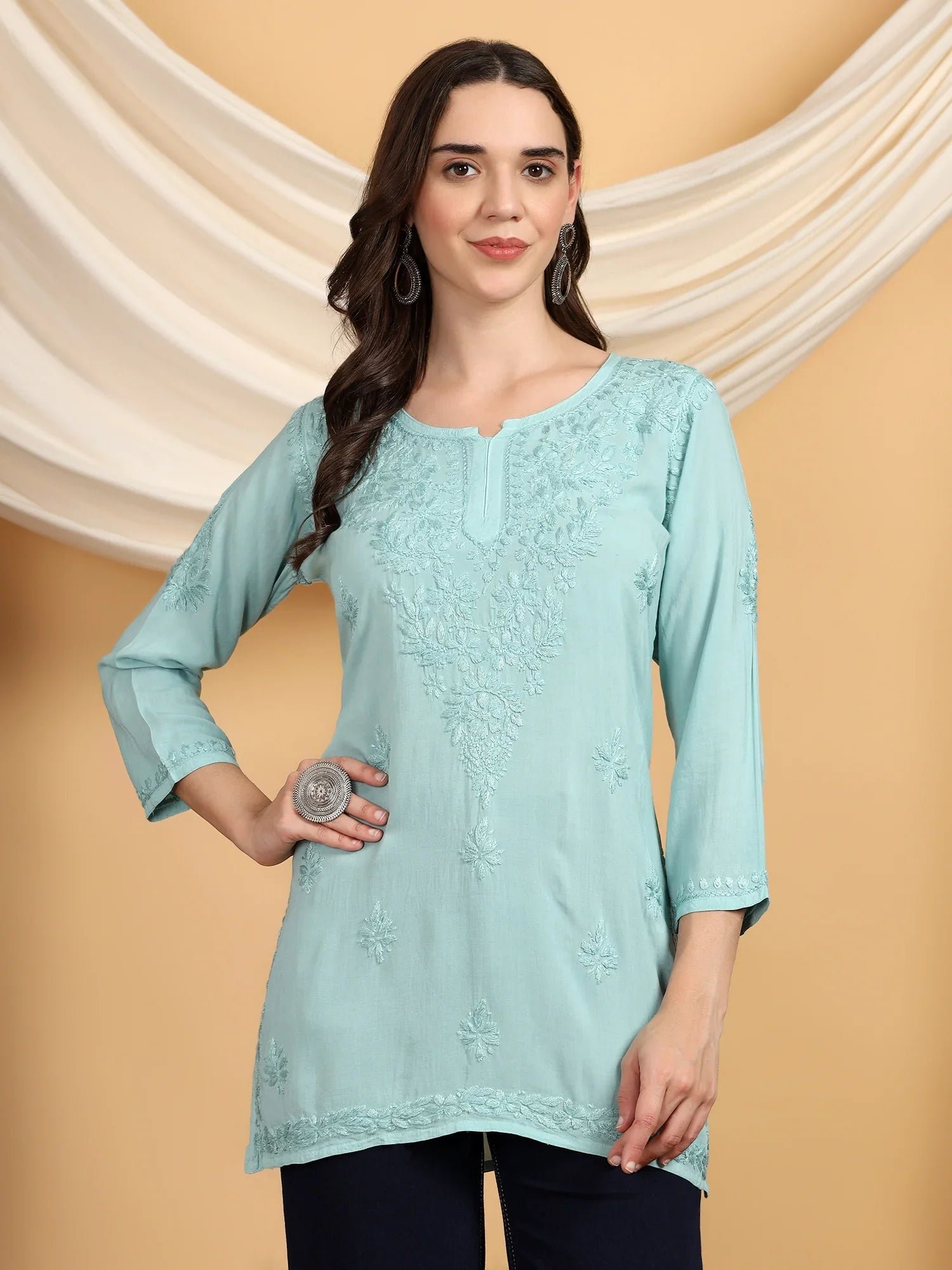Misha Chikankari Modal Short Kurti (Spanish Green) - Image 2