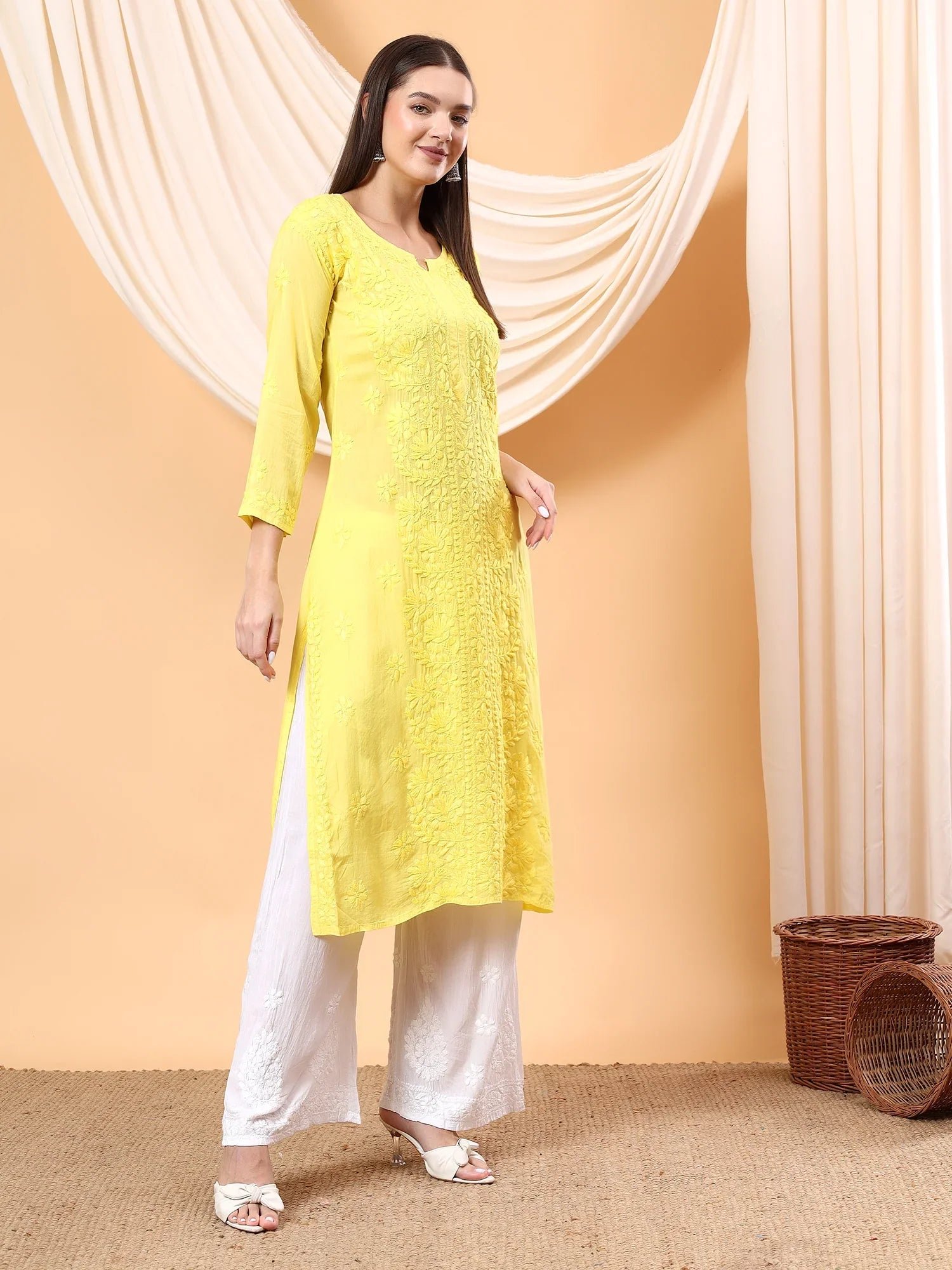 Alina Chikankari Modal Straight Kurta (Yellow) - Image 3