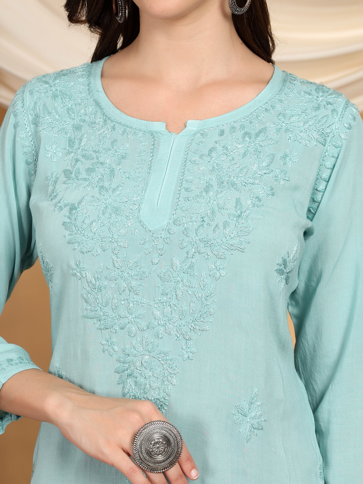 Misha Chikankari Modal Short Kurti (Spanish Green) - Image 3