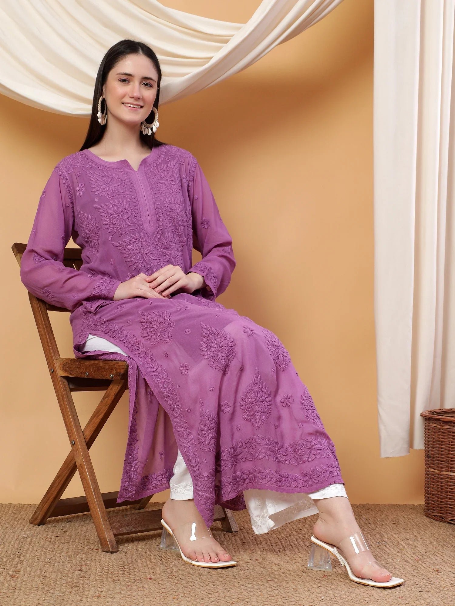 Dua Premium Viscose 3D Chikankari Straight Kurta (Mauve) - Image 3