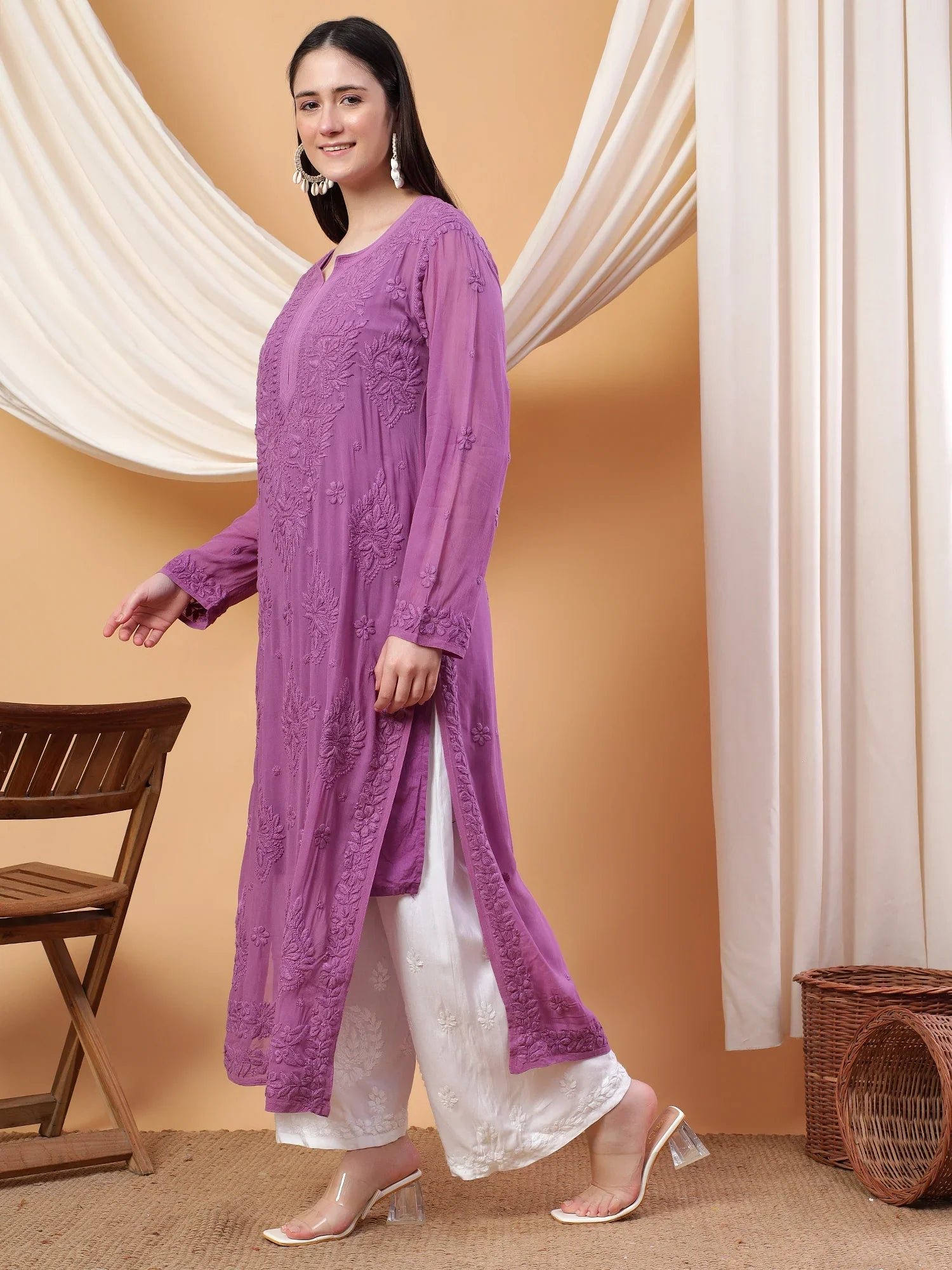 Dua Premium Viscose 3D Chikankari Straight Kurta (Mauve) - Image 4