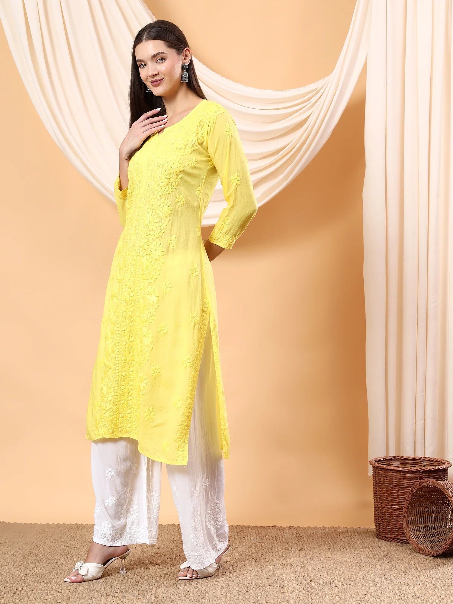 Alina Chikankari Modal Straight Kurta (Yellow) - Image 5