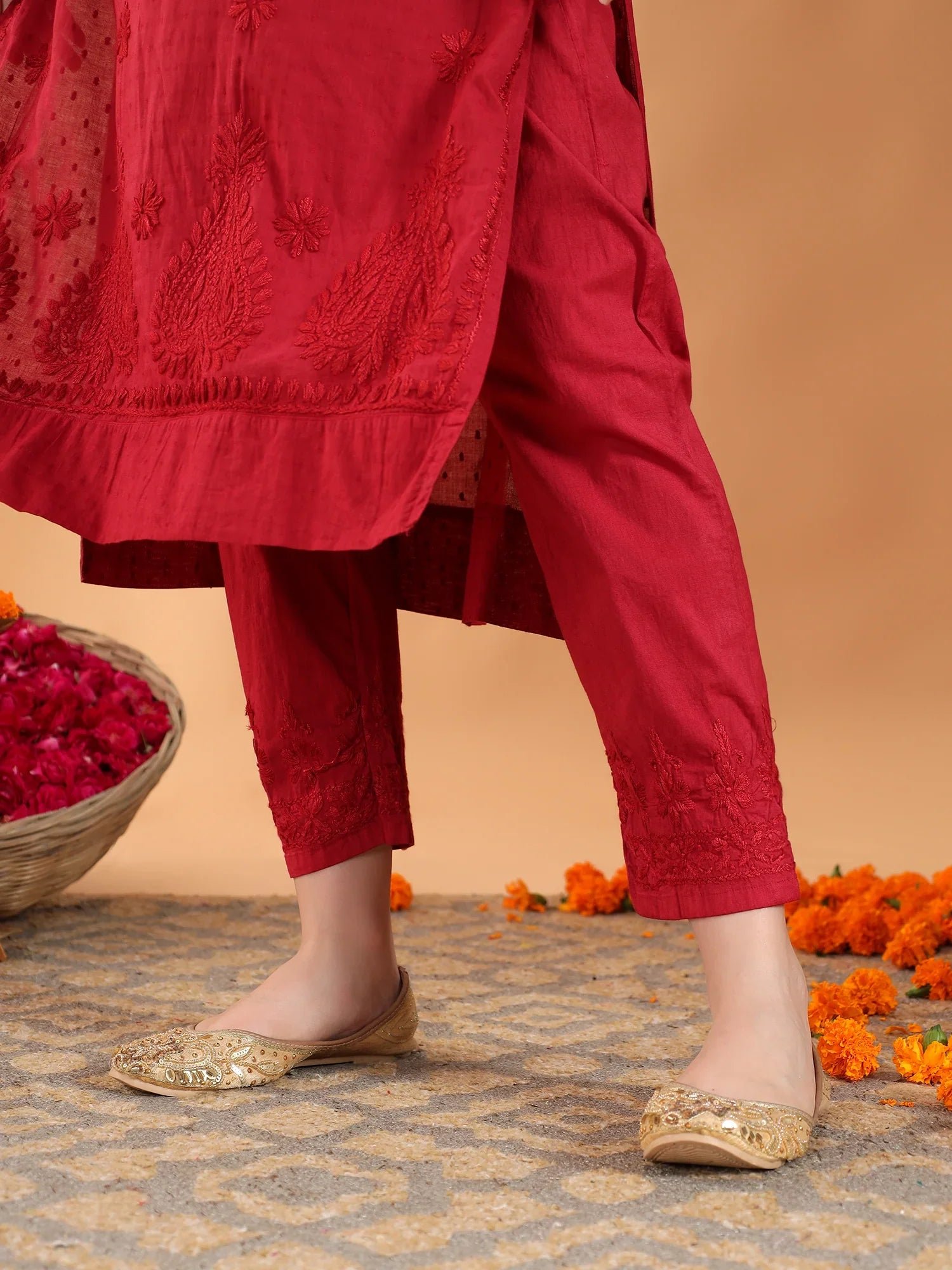 Ananya Chikankari Kurta Pant Cotton Co-ord Set (Maroon) - Image 4