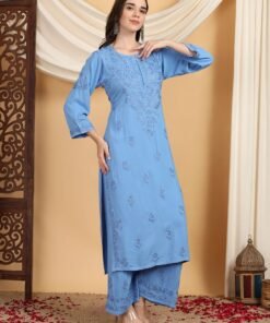 Faiza Chikankari Rayon Co-ord Set (Powder Blue) - Image 4