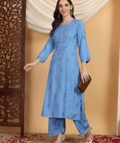 Faiza Chikankari Rayon Co-ord Set (Powder Blue) - Image 5