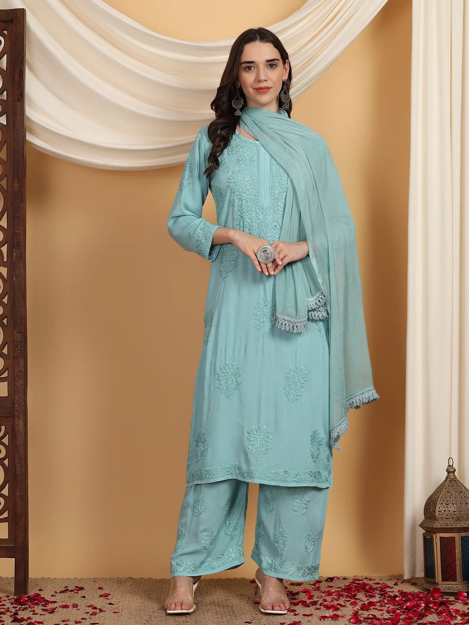 Farha Chikankari Premium Modal Co-ord Set (Pastel Green) - Image 2