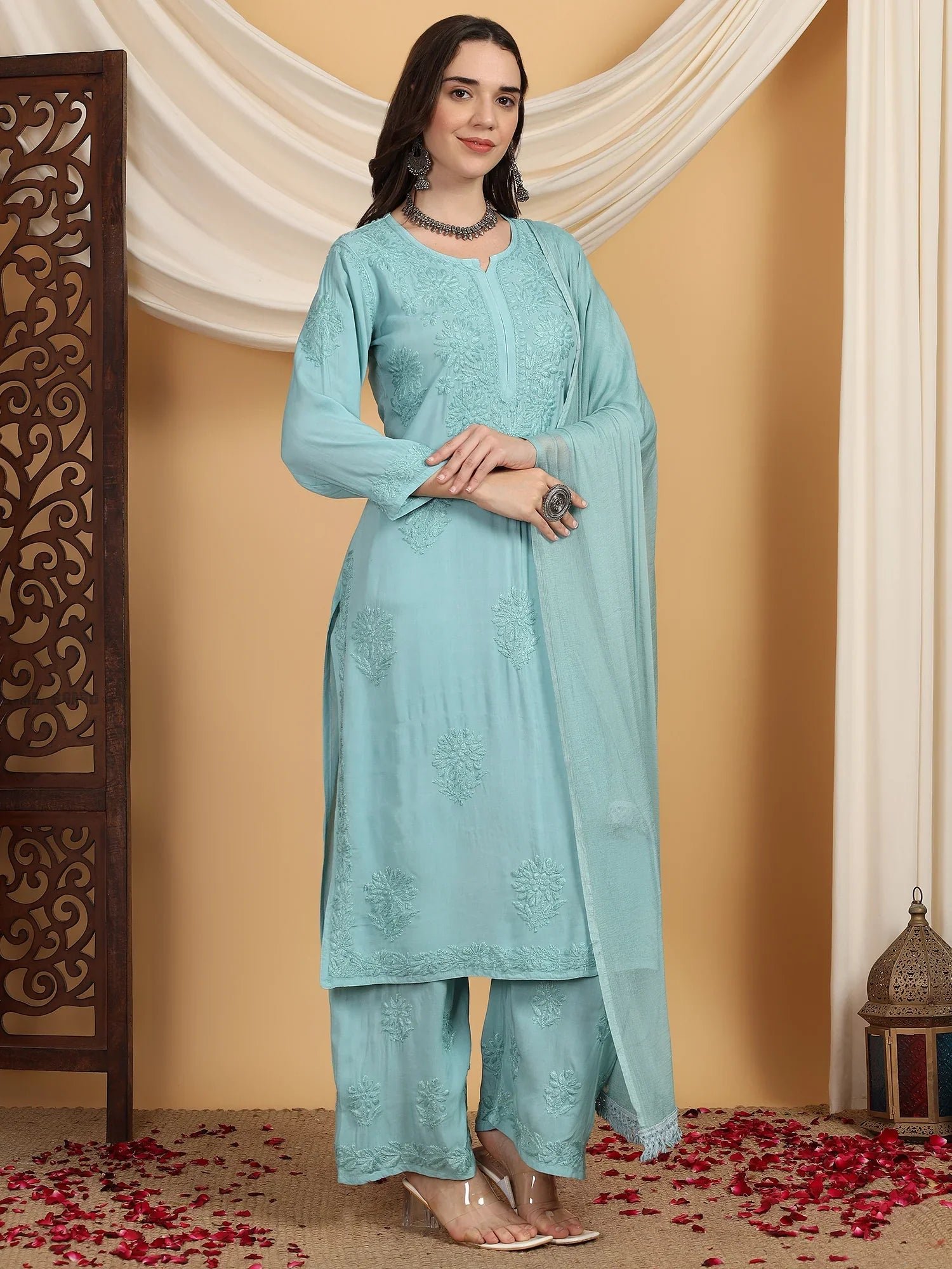 Farha Chikankari Premium Modal Co-ord Set (Pastel Green) - Image 3