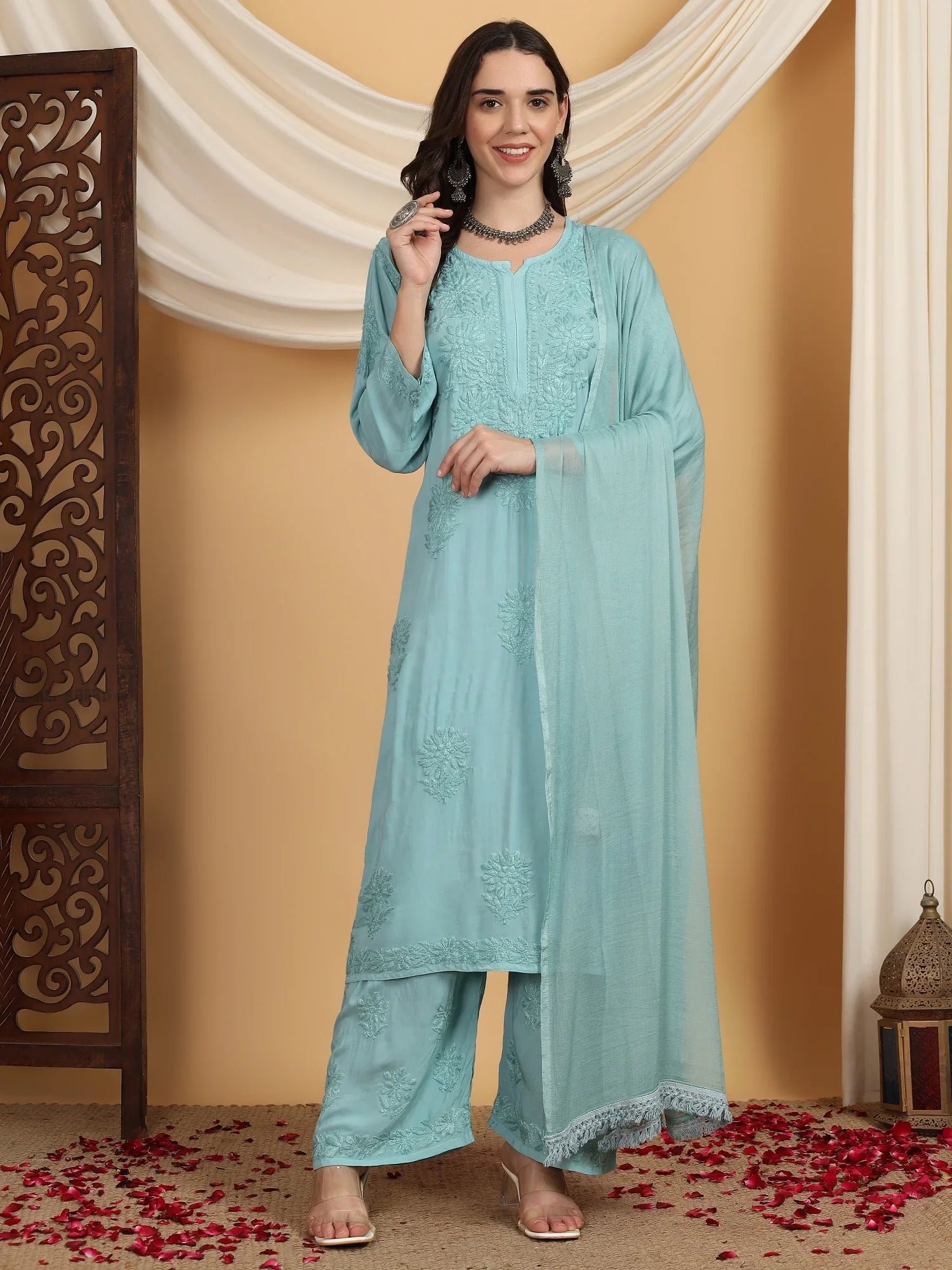 Farha Chikankari Premium Modal Co-ord Set (Pastel Green) - Image 4