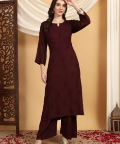 Faiza Chikankari Rayon Co-ord Set (Brown)