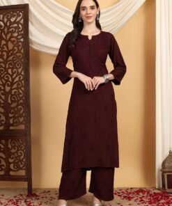 Alternative view of Faiza Chikankari Rayon Co-ord Set (Brown)