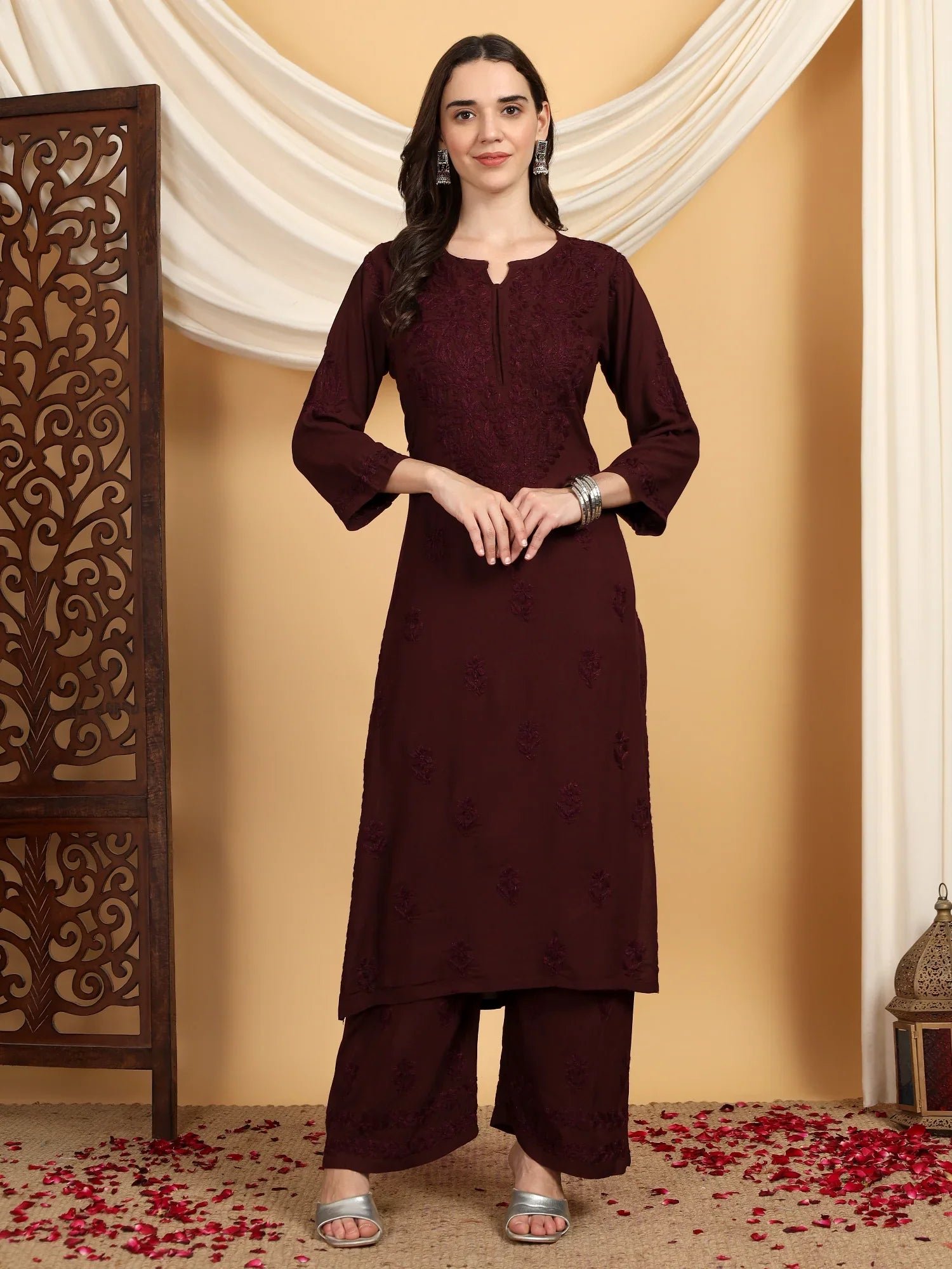 Faiza Chikankari Rayon Co-ord Set (Brown) - Image 2