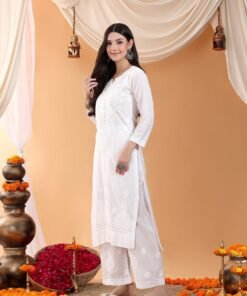 Priya Chikankari Kurta Palazzo Cotton Co-ord Set (White) - Image 4