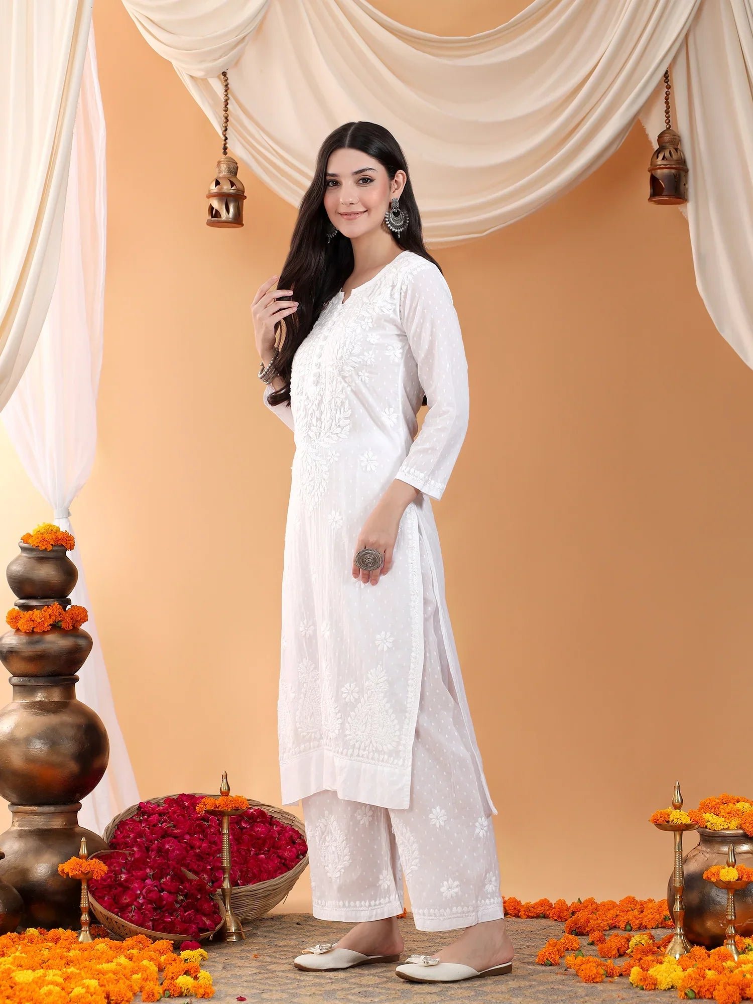 Priya Chikankari Kurta Palazzo Cotton Co-ord Set (White) - Image 4