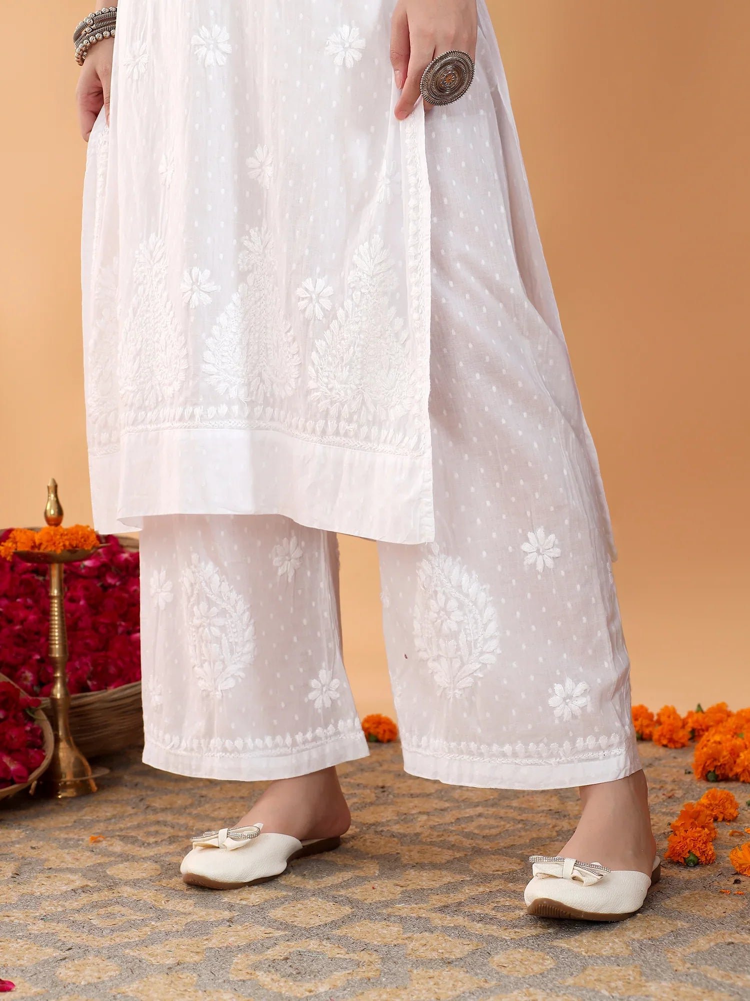 Priya Chikankari Kurta Palazzo Cotton Co-ord Set (White) - Image 5
