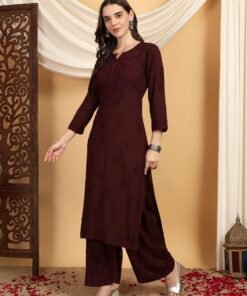 Faiza Chikankari Rayon Co-ord Set (Brown) - Image 3