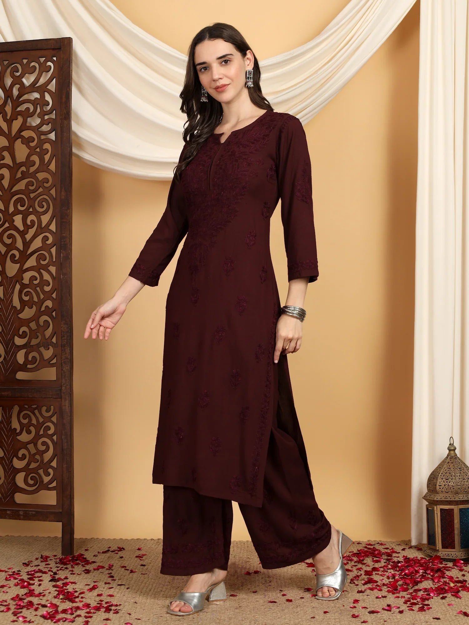 Faiza Chikankari Rayon Co-ord Set (Brown) - Image 3