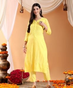 Ananya Chikankari Kurta Pant Cotton Co-ord Set (Yellow) - Image 3
