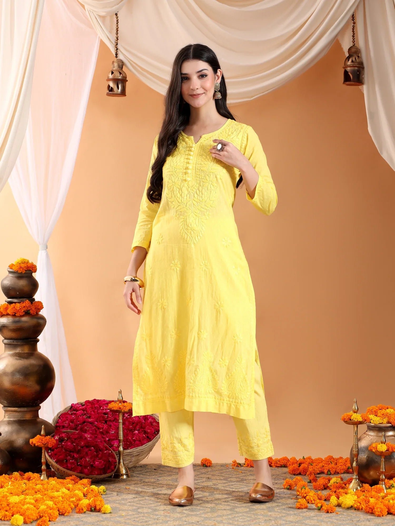 Ananya Chikankari Kurta Pant Cotton Co-ord Set (Yellow) - Image 3