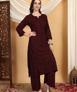 Faiza Chikankari Rayon Co-ord Set (Brown) - Image 4