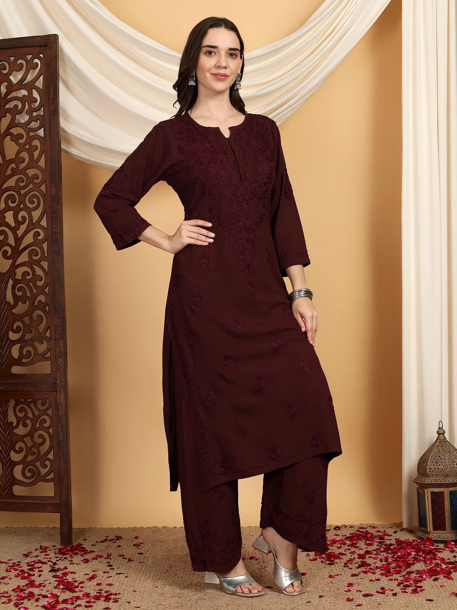 Faiza Chikankari Rayon Co-ord Set (Brown) - Image 4