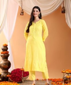 Ananya Chikankari Kurta Pant Cotton Co-ord Set (Yellow) - Image 4