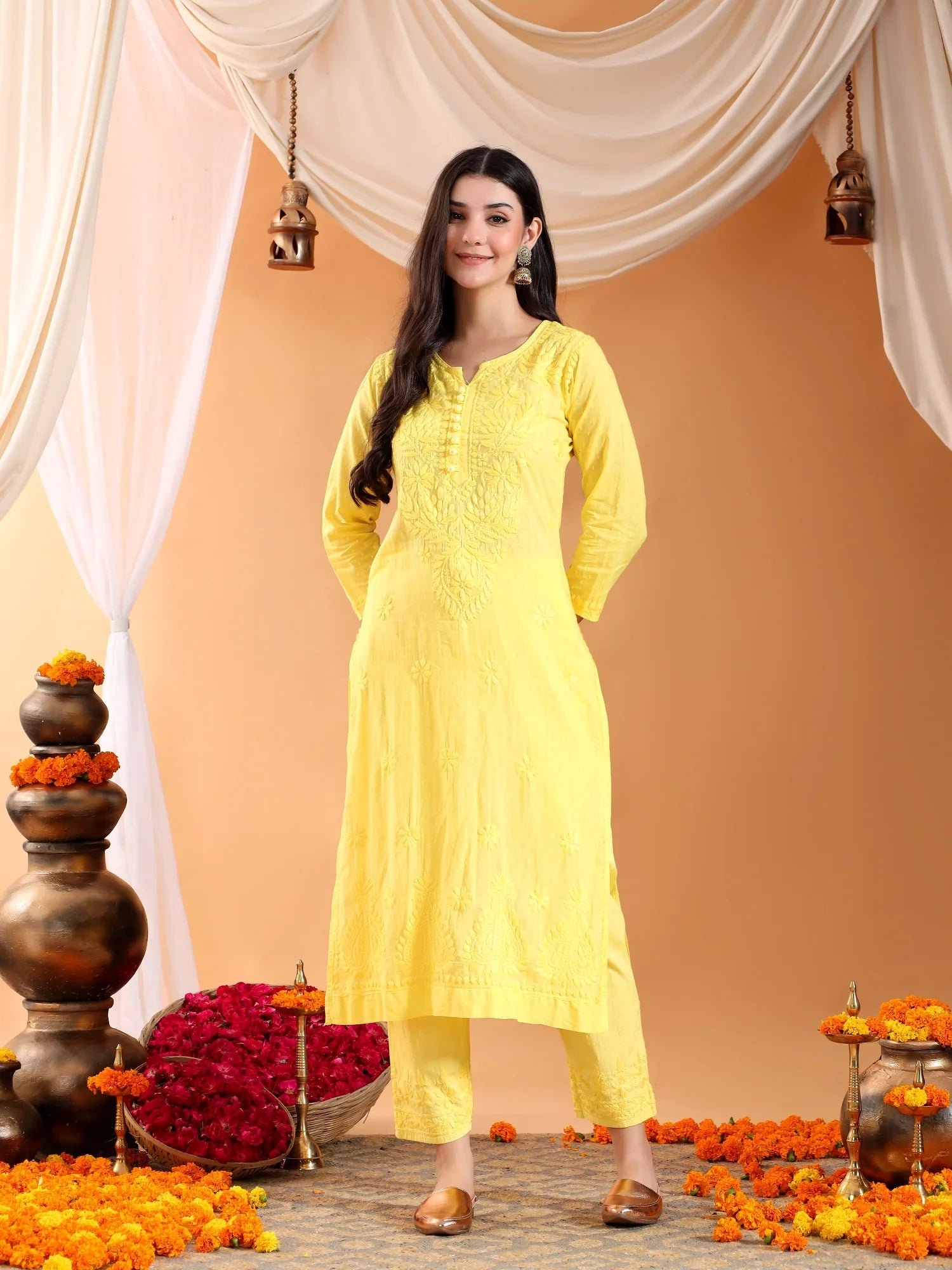 Ananya Chikankari Kurta Pant Cotton Co-ord Set (Yellow) - Image 4