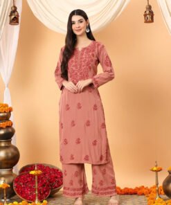 Faiza Chikankari Rayon Co-ord Set (Nude Coral)